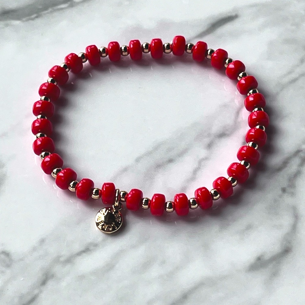 🌸3/$25 🆕 J. Crew Red and Gold Beaded Stretch Bracelet